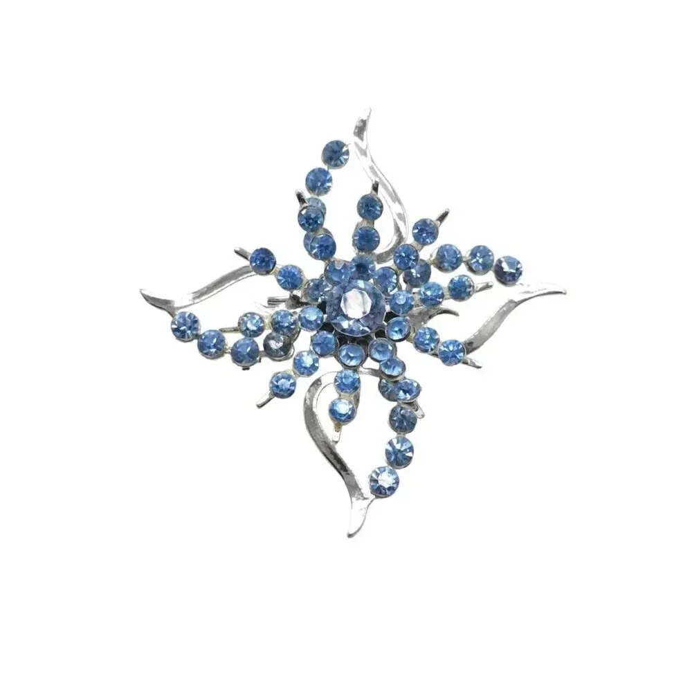 Blue Rhinestone Flower Open Work Brooch Pin Silver Tone Vintage